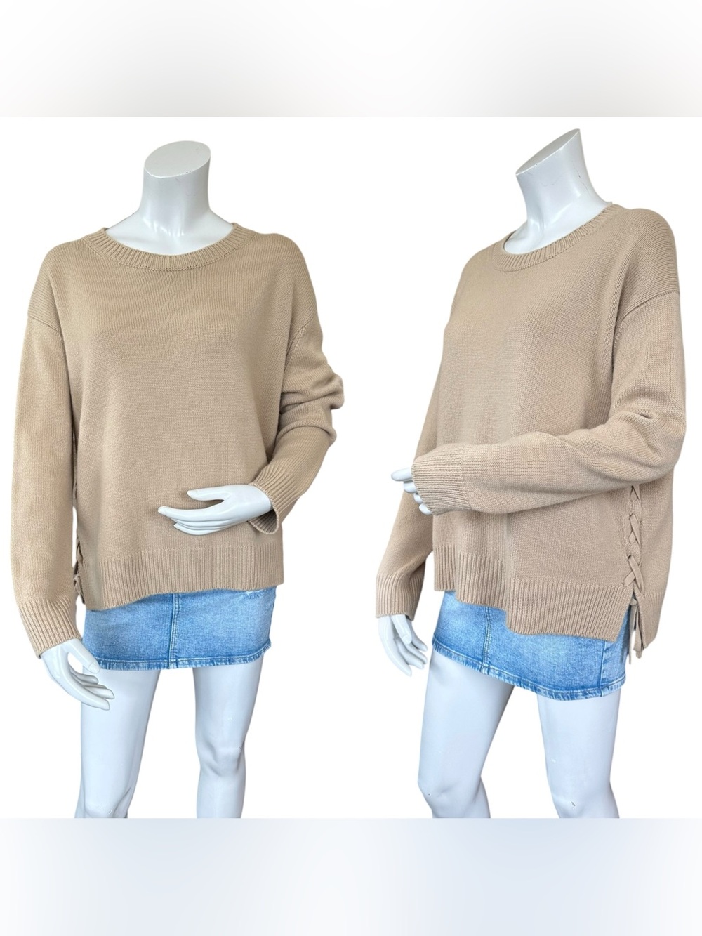 Vince Tan Cashmere Boxy High Neck Boxy Side Lace Up Sweater Size Small